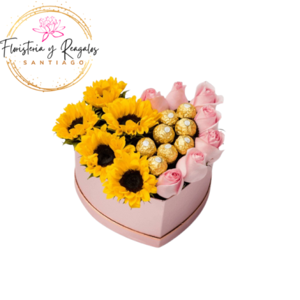 CAJA CORAZON 5 GIRASOLES 8 BOMBONES FERREROS ROCHER Y 7 ROSAS