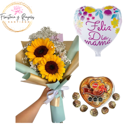 MARAVILLOSO RAMO 2 GIRASOLES GLOBO Y BOMBONES CORAZON PARA MAMI