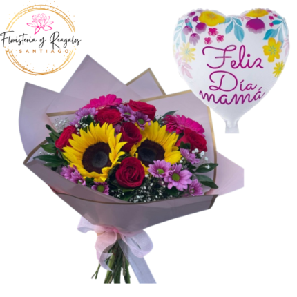 RAMO MADRE DE 2 GIRASOLES 6 ROSAS 2 GERBERAS Y GLOBO