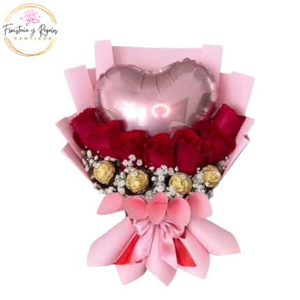 RAMO 7 ROSAS CON GLOBO Y 4 BOMBONES