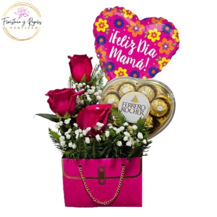 CARTERA DE 3 ROSAS, BOMBONES FERREROS ROCHER Y GLOBO