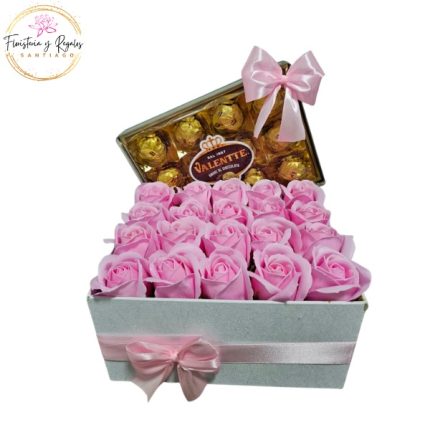 CAJA DE 20 ROSAS JABON Y BOMBONES VALENTTE X12